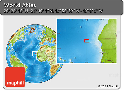 Physical Location Map of the Area around 20° 53' 8" N, 19° 28' 30" W