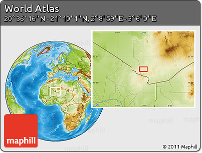 Physical Location Map of the Area around 20° 53' 8" N, 2° 37' 30" E
