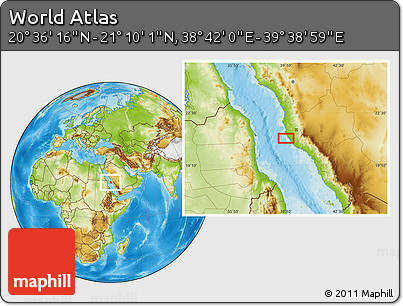 Physical Location Map of the Area around 20° 53' 8" N, 39° 10' 29" E