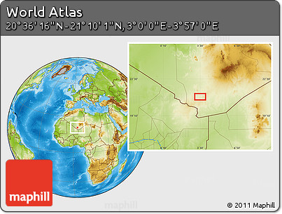 Physical Location Map of the Area around 20° 53' 8" N, 3° 28' 30" E