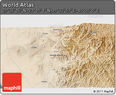 Satellite 3D Map of the Area around 20° 53' 8" N, 40° 1' 29" E