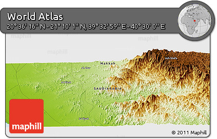 Physical Panoramic Map of the Area around 20° 53' 8" N, 40° 1' 29" E