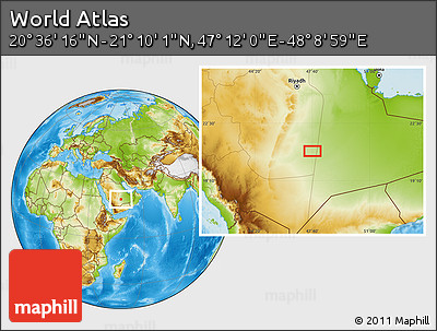 Physical Location Map of the Area around 20° 53' 8" N, 47° 40' 29" E