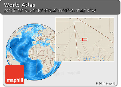 Shaded Relief Location Map of the Area around 20° 53' 8" N, 4° 10' 30" W