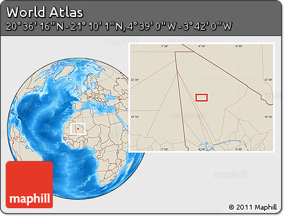 Shaded Relief Location Map of the Area around 20° 53' 8" N, 4° 10' 30" W
