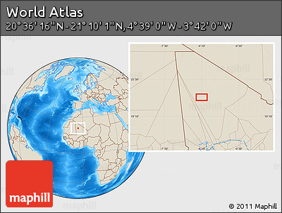Shaded Relief Location Map of the Area around 20° 53' 8" N, 4° 10' 30" W