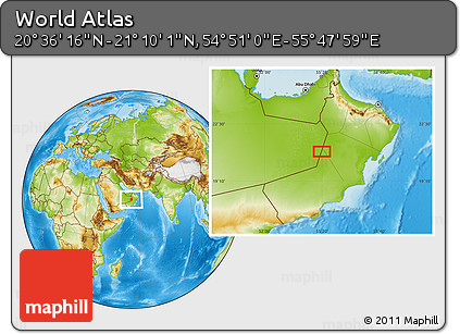 Physical Location Map of the Area around 20° 53' 8" N, 55° 19' 30" E