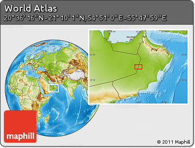 Physical Location Map of the Area around 20° 53' 8" N, 55° 19' 30" E