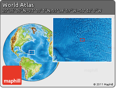 Physical Location Map of the Area around 20° 53' 8" N, 55° 10' 29" W