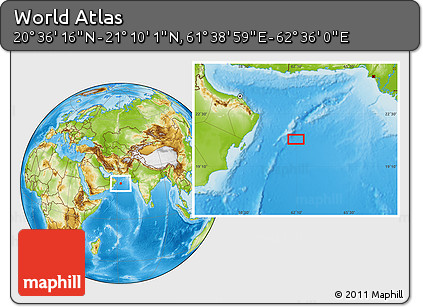 Physical Location Map of the Area around 20° 53' 8" N, 62° 7' 30" E