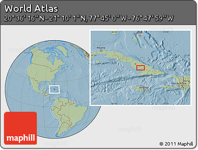 Savanna Style Location Map of the Area around 20° 53' 8" N, 77° 16' 30" W, hill shading