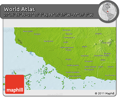 Physical 3D Map of the Area around 20° 53' 8" N, 78° 7' 30" W