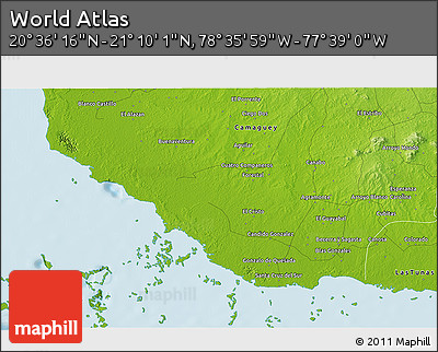 Physical 3D Map of the Area around 20° 53' 8" N, 78° 7' 30" W