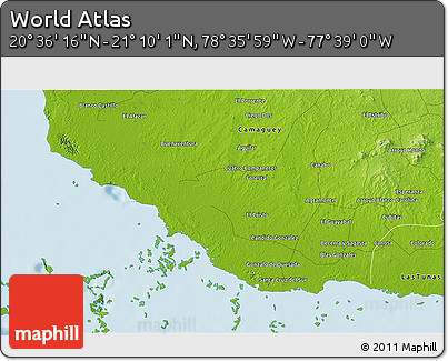 Physical 3D Map of the Area around 20° 53' 8" N, 78° 7' 30" W