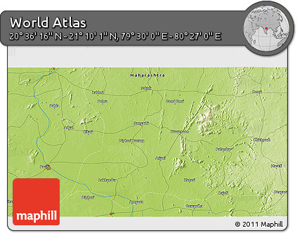 Physical 3D Map of the Area around 20° 53' 8" N, 79° 58' 29" E
