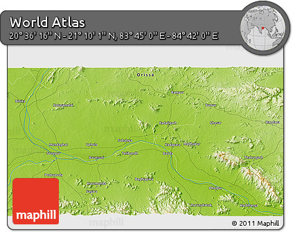 Physical 3D Map of the Area around 20° 53' 8" N, 84° 13' 29" E