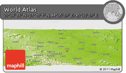 Physical Panoramic Map of the Area around 20° 53' 8" N, 85° 4' 29" E