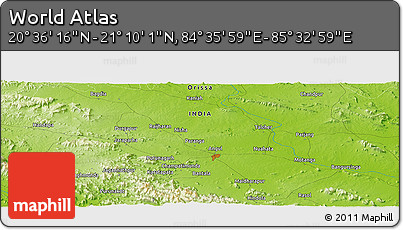 Physical Panoramic Map of the Area around 20° 53' 8" N, 85° 4' 29" E