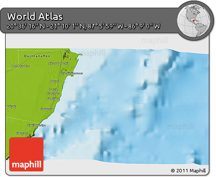 Physical 3D Map of the Area around 20° 53' 8" N, 86° 37' 30" W