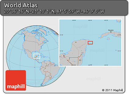 Gray Location Map of the Area around 20° 53' 8" N, 86° 37' 30" W