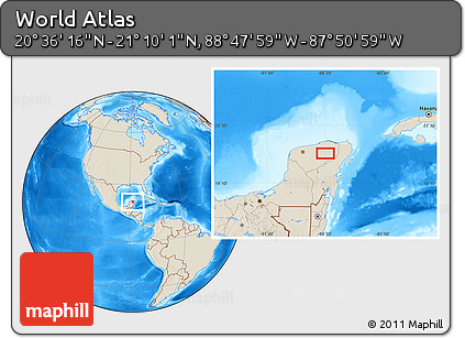 Shaded Relief Location Map of the Area around 20° 53' 8" N, 88° 19' 29" W