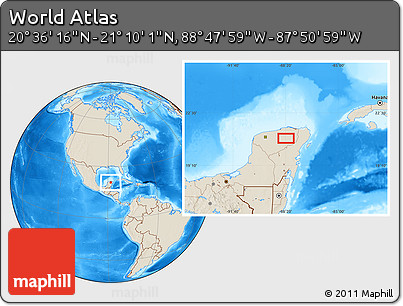 Shaded Relief Location Map of the Area around 20° 53' 8" N, 88° 19' 29" W