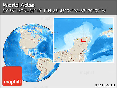 Shaded Relief Location Map of the Area around 20° 53' 8" N, 88° 19' 29" W
