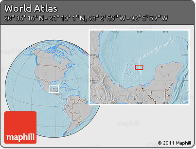 Gray Location Map of the Area around 20° 53' 8" N, 92° 34' 29" W, hill shading