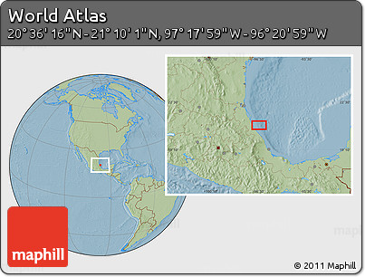 Savanna Style Location Map of the Area around 20° 53' 8" N, 96° 49' 29" W, hill shading