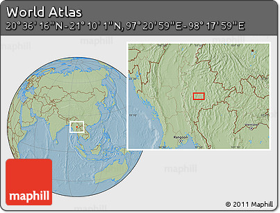Savanna Style Location Map of the Area around 20° 53' 8" N, 97° 49' 29" E, hill shading