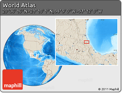 Shaded Relief Location Map of the Area around 20° 53' 8" N, 97° 40' 30" W