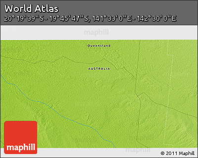 Physical 3D Map of the Area around 20° 2' 43" S, 142° 1' 30" E