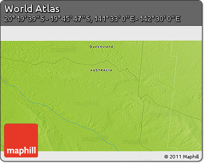 Physical 3D Map of the Area around 20° 2' 43" S, 142° 1' 30" E