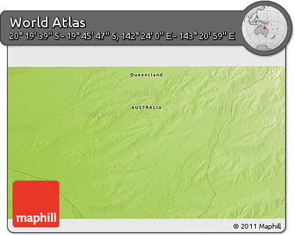 Physical 3D Map of the Area around 20° 2' 43" S, 142° 52' 30" E