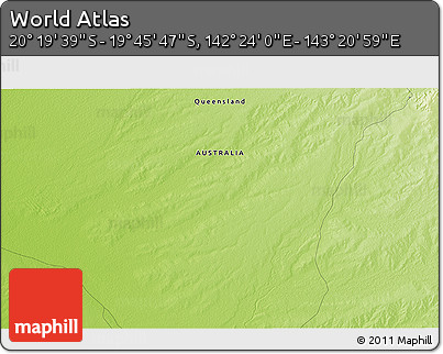 Physical 3D Map of the Area around 20° 2' 43" S, 142° 52' 30" E