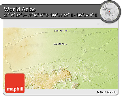 Physical 3D Map of the Area around 20° 2' 43" S, 145° 25' 30" E