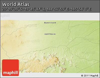 Physical 3D Map of the Area around 20° 2' 43" S, 145° 25' 30" E