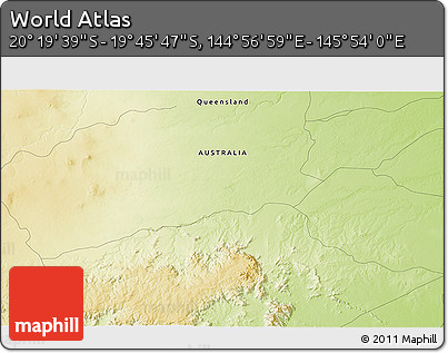 Physical 3D Map of the Area around 20° 2' 43" S, 145° 25' 30" E