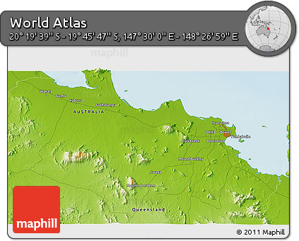 Physical 3D Map of the Area around 20° 2' 43" S, 147° 58' 29" E
