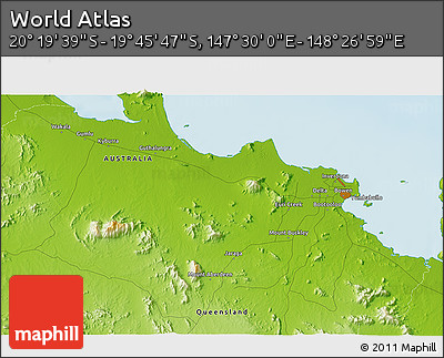 Physical 3D Map of the Area around 20° 2' 43" S, 147° 58' 29" E