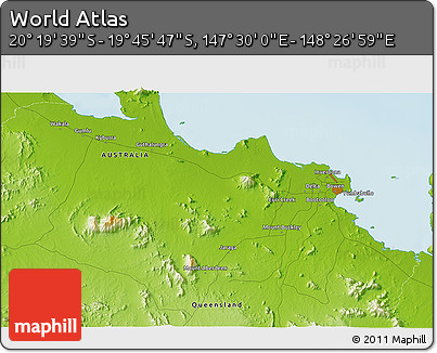 Physical 3D Map of the Area around 20° 2' 43" S, 147° 58' 29" E