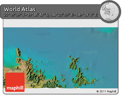 Satellite 3D Map of the Area around 20° 2' 43" S, 148° 49' 29" E