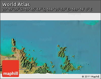 Satellite 3D Map of the Area around 20° 2' 43" S, 148° 49' 29" E