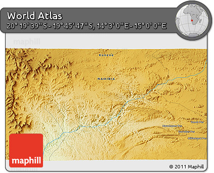 Physical 3D Map of the Area around 20° 2' 43" S, 14° 31' 30" E