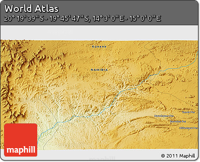 Physical 3D Map of the Area around 20° 2' 43" S, 14° 31' 30" E