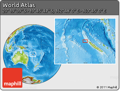 Physical Location Map of the Area around 20° 2' 43" S, 163° 16' 30" E