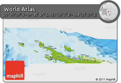 Physical Panoramic Map of the Area around 20° 2' 43" S, 164° 7' 30" E