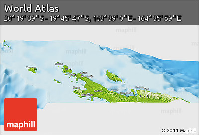 Physical Panoramic Map of the Area around 20° 2' 43" S, 164° 7' 30" E