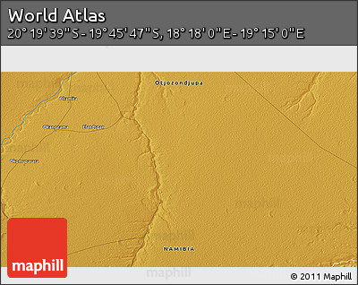 Physical 3D Map of the Area around 20° 2' 43" S, 18° 46' 29" E