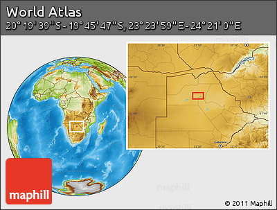 Physical Location Map of the Area around 20° 2' 43" S, 23° 52' 30" E